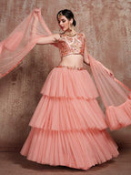 Myra Peach Soft Net Heavy Embroidered Lehenga