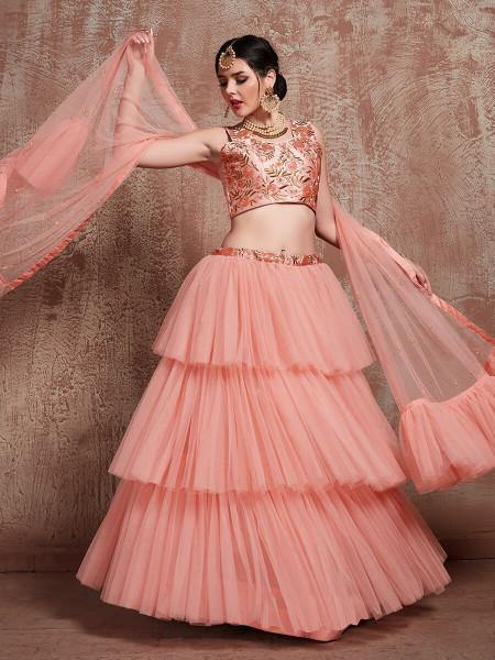 Myra Peach Soft Net Heavy Embroidered Lehenga