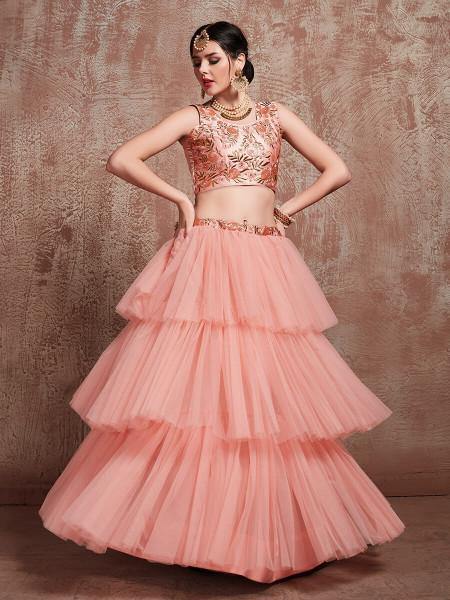 Myra Peach Soft Net Heavy Embroidered Lehenga
