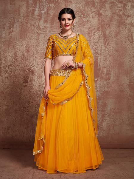 Myra Musturd Soft Net Heavy Embroidered Lehenga