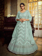 Myra Sky Blue Soft Net Heavy Embroidered Lehenga