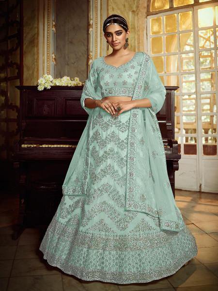 Myra Sky Blue Soft Net Heavy Embroidered Lehenga
