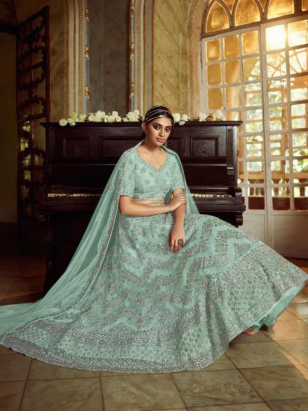 Myra Sky Blue Soft Net Heavy Embroidered Lehenga