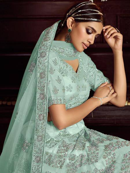 Myra Sky Blue Soft Net Heavy Embroidered Lehenga