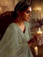 Myra Green Soft Net Heavy Embroidered Lehenga