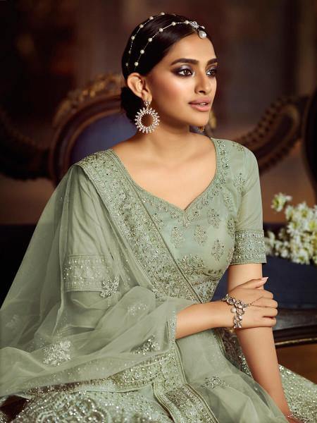 Myra Green Soft Net Heavy Embroidered Lehenga