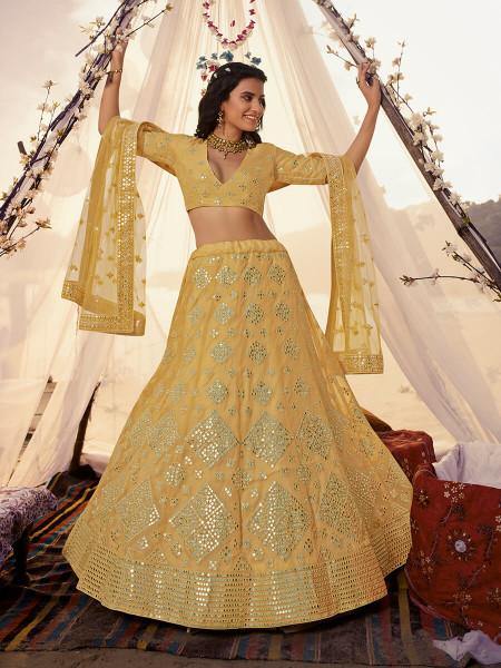 Myra Musturd Yellow Embroidered Organza Lehenga