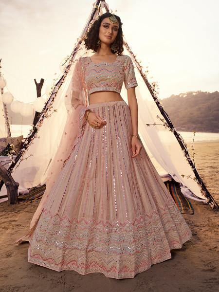 Myra Peach Embroidered Organza Leheng