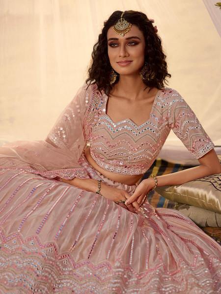 Myra Peach Embroidered Organza Leheng
