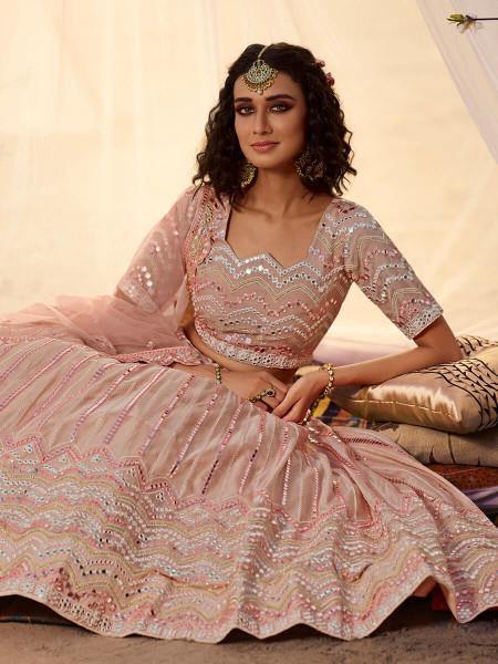 Myra Peach Embroidered Organza Leheng