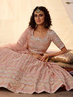 Myra Peach Embroidered Organza Leheng