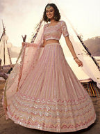 Myra Peach Embroidered Organza Leheng
