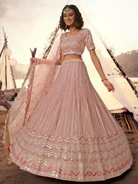 Myra Peach Embroidered Organza Leheng
