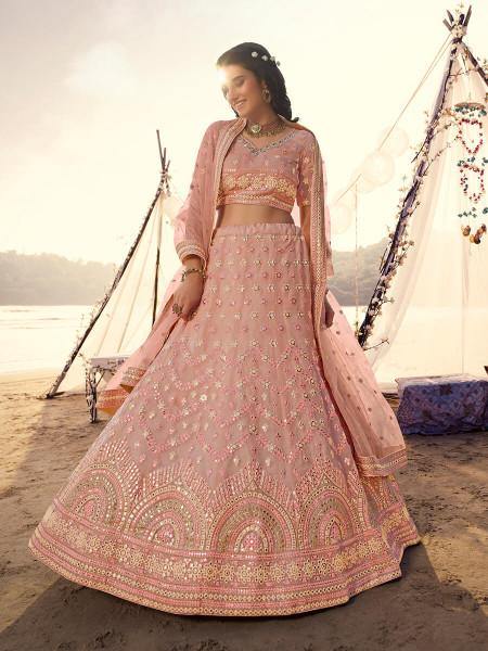 Myra Peach Embroidered Organza Lehenga