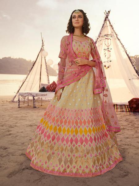 Myra Beige Embroidered Organza Lehenga