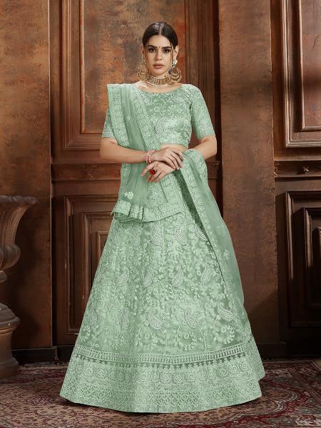 Myra Pista Green Soft Net Heavy Embroidered Lehenga