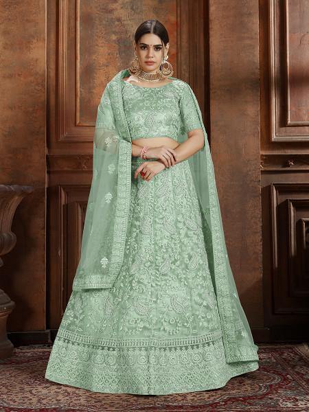 Myra Pista Green Soft Net Heavy Embroidered Lehenga
