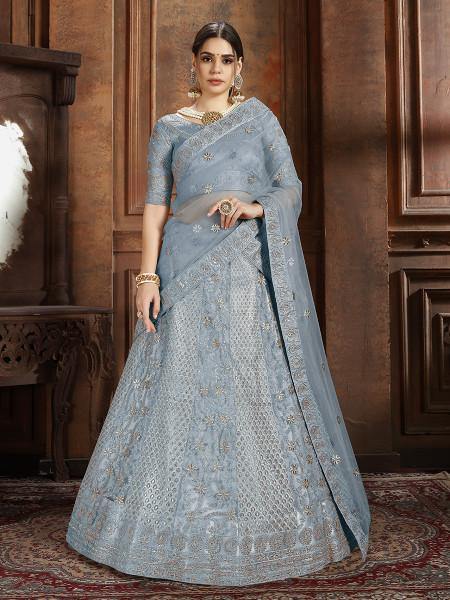 Myra Sky Blue Soft Net Heavy Embroidered Lehenga