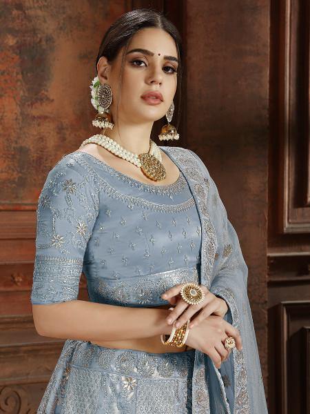 Myra Sky Blue Soft Net Heavy Embroidered Lehenga