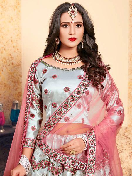 Myra Grey Satin Embroidered Lehenga