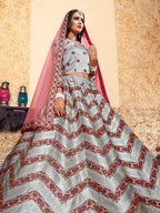 Myra Grey Satin Embroidered Lehenga