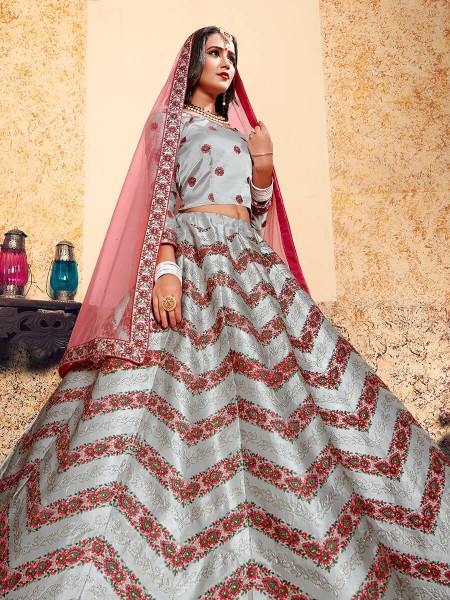 Myra Grey Satin Embroidered Lehenga
