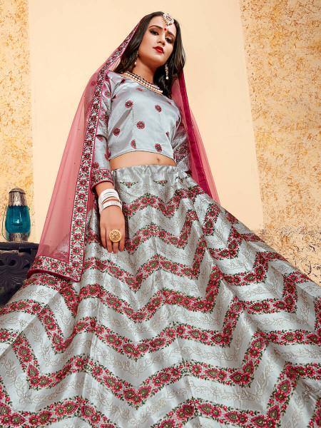 Myra Grey Satin Embroidered Lehenga