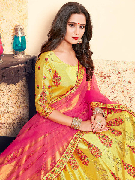 Myra Yellow Satin Embroidered Lehenga