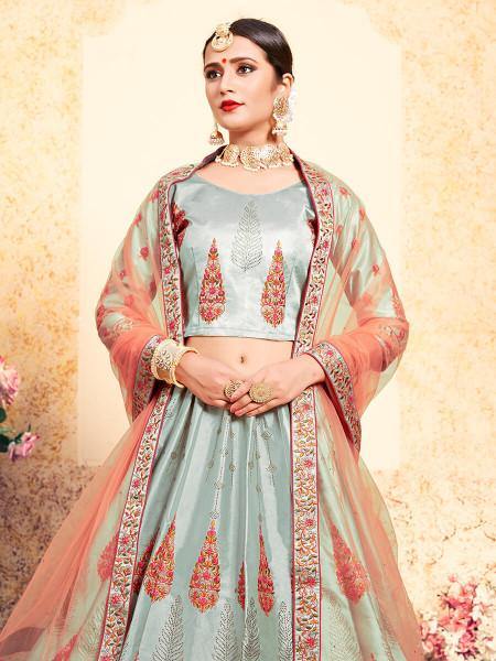 Myra Grey Satin Embroidered Lehenga