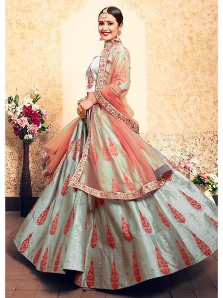 Myra Grey Satin Embroidered Lehenga