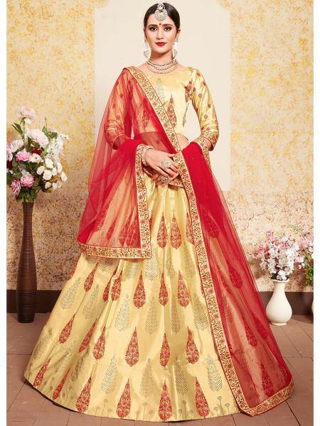 Myra Beige Satin Embroidered Lehenga