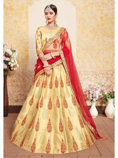 Myra Beige Satin Embroidered Lehenga