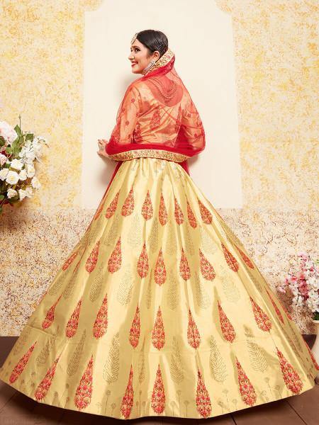 Myra Beige Satin Embroidered Lehenga