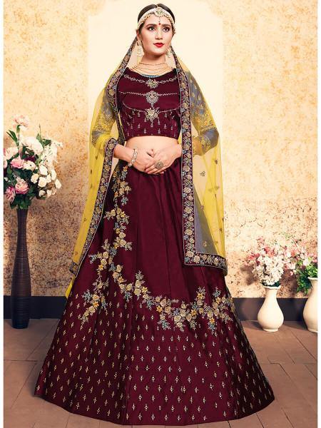 Myra Maroon Satin Embroidered Lehenga