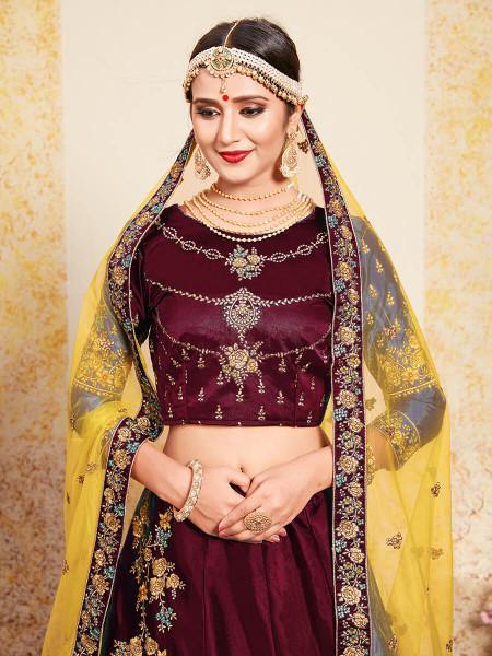 Myra Maroon Satin Embroidered Lehenga