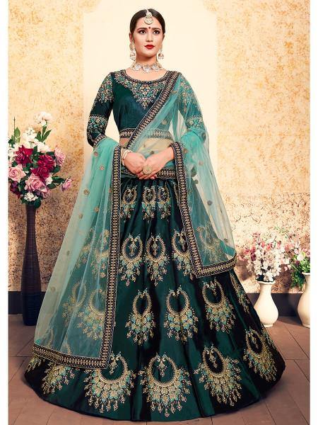 Myra Dark Green Satin Embroidered Lehenga