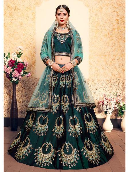 Myra Dark Green Satin Embroidered Lehenga