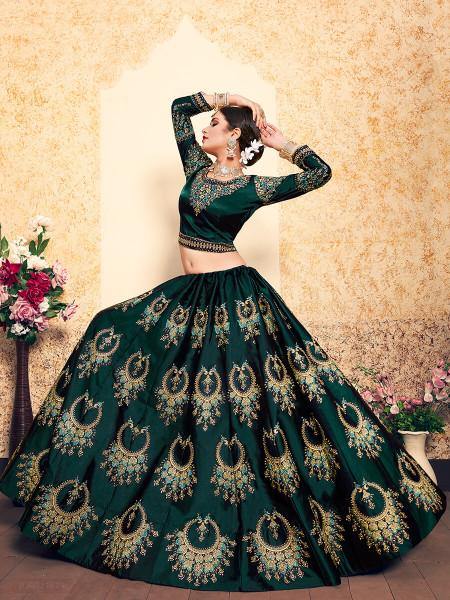 Myra Dark Green Satin Embroidered Lehenga
