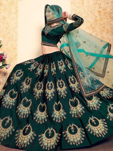 Myra Dark Green Satin Embroidered Lehenga