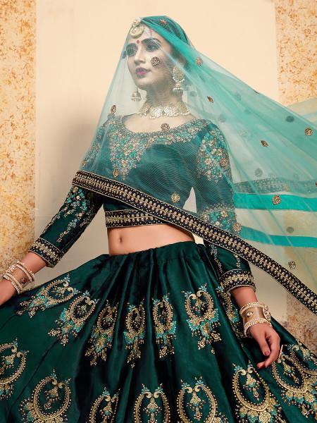 Myra Dark Green Satin Embroidered Lehenga