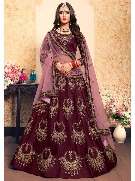 Myra Brown Satin Embroidered Lehenga