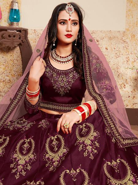 Myra Brown Satin Embroidered Lehenga