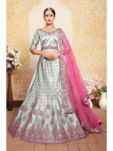 Myra Grey Satin Embroidered Lehenga
