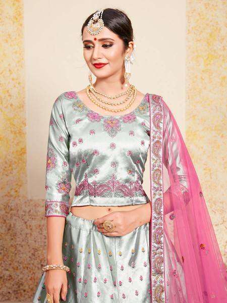 Myra Grey Satin Embroidered Lehenga