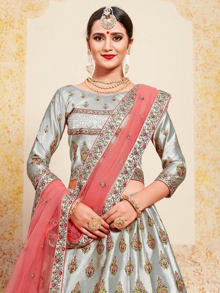 Myra Grey Satin Embroidered Lehenga