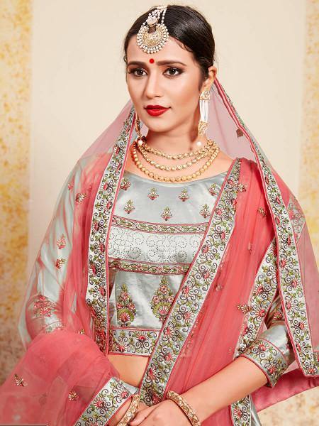 Myra Grey Satin Embroidered Lehenga