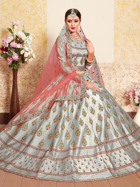 Myra Grey Satin Embroidered Lehenga