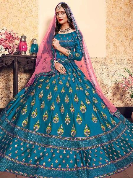 Myra Sky Blue Satin Embroidered Lehenga