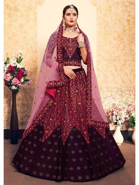 Myra Brown Satin Embroidered Lehenga