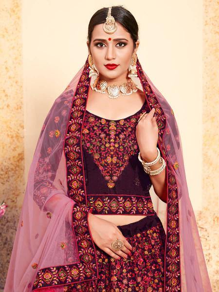Myra Brown Satin Embroidered Lehenga